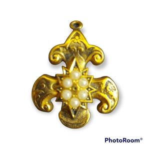 Art Deco Atomic Starburst Vintage Seed Pearl Fleur De Lis Brooch pendant
